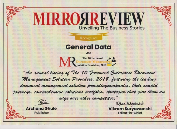 General Data gets featured in Mirror Review Magazine - The 10 Foremost Enterprise Document Management Solution Providers, 2018